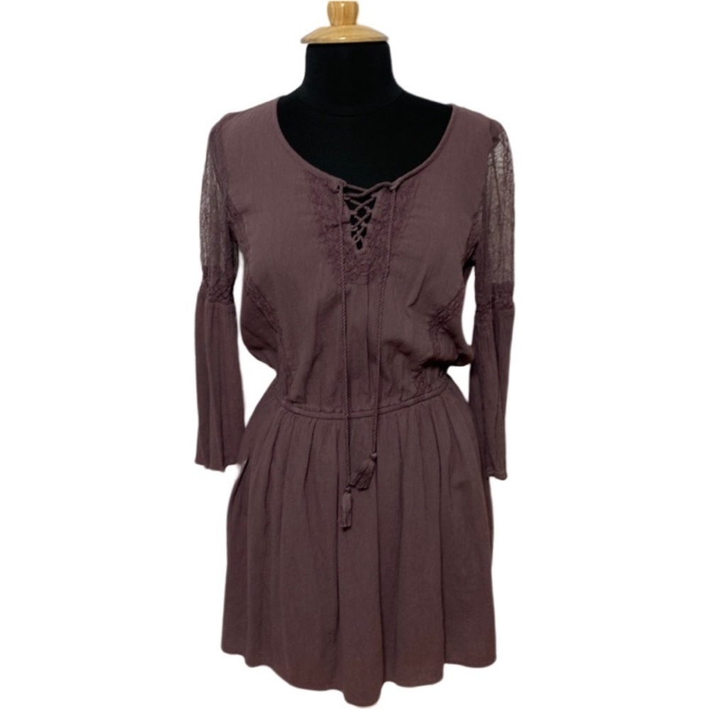 American Eagle Dusty Purple Long Lace Bell Sleeve Cinched Waist Dress Size M